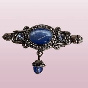 Vtg AAi silver-tone & Blue Cabochon Brooch/Pin w/ rhinestones collar clip